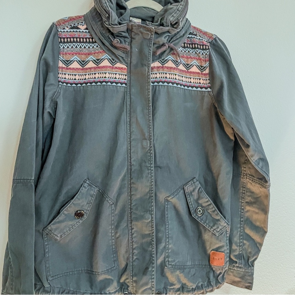 Roxy Grey Jacket with hood and embroidery